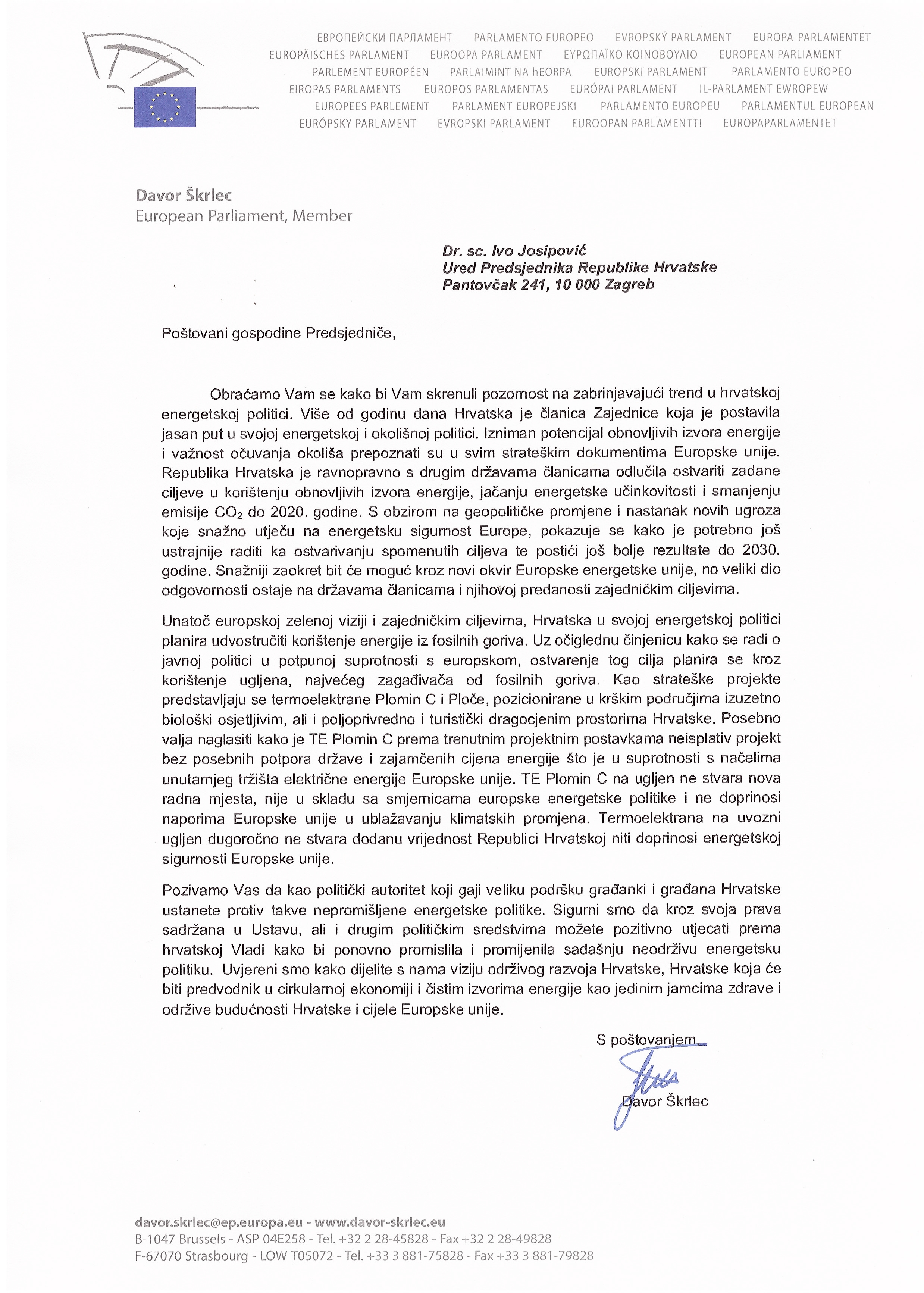 Otvoreno pismo Zelenih zastupnika u Europskom parlamentu Predsjedniku Josipoviću-1